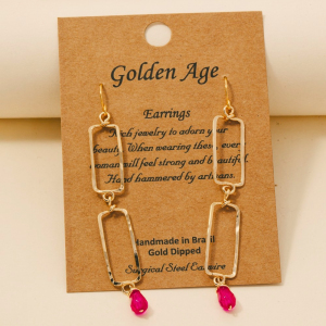 Hot Pink Gem Charm Double Rectangle Dangle Earrings